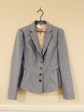 Rebecca Taylor light BlueLinen-Blend Peplum Blazer Jacket | Puff Shoulder Size 6